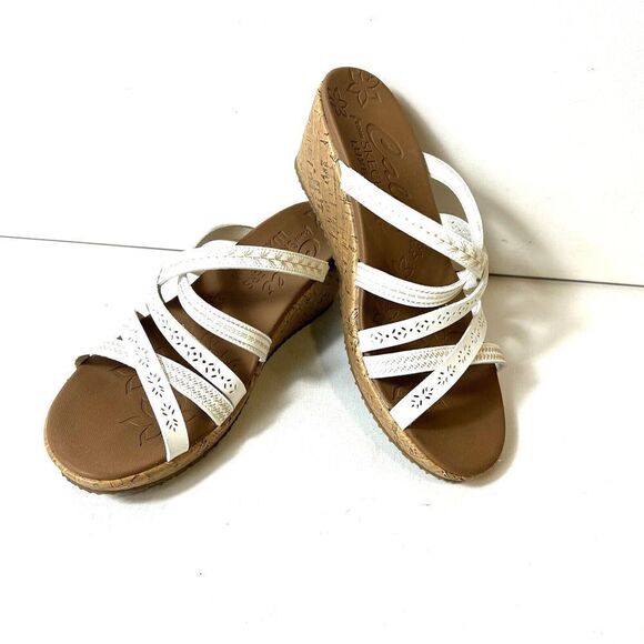 Skechers Cali Luxe Foam Wedge Cork Sandals Women's 11 Slip On White Faux Leather - Picture 4 of 10